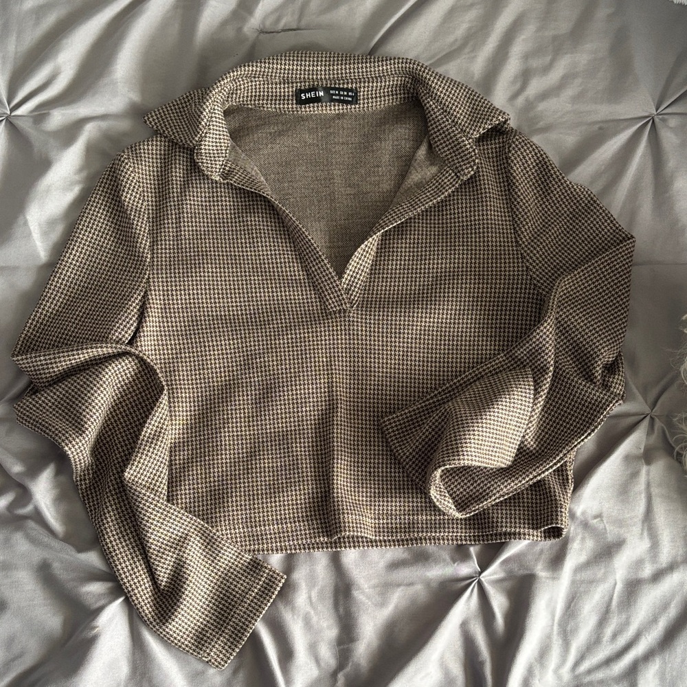 SHEIN Brown Houndstooth Collared V-Neck Pullover Sweater